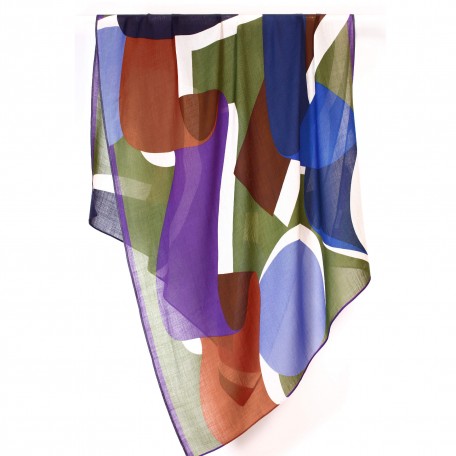 Printed wool scarf in green, violet and blue MaPoésie Ruban Vert